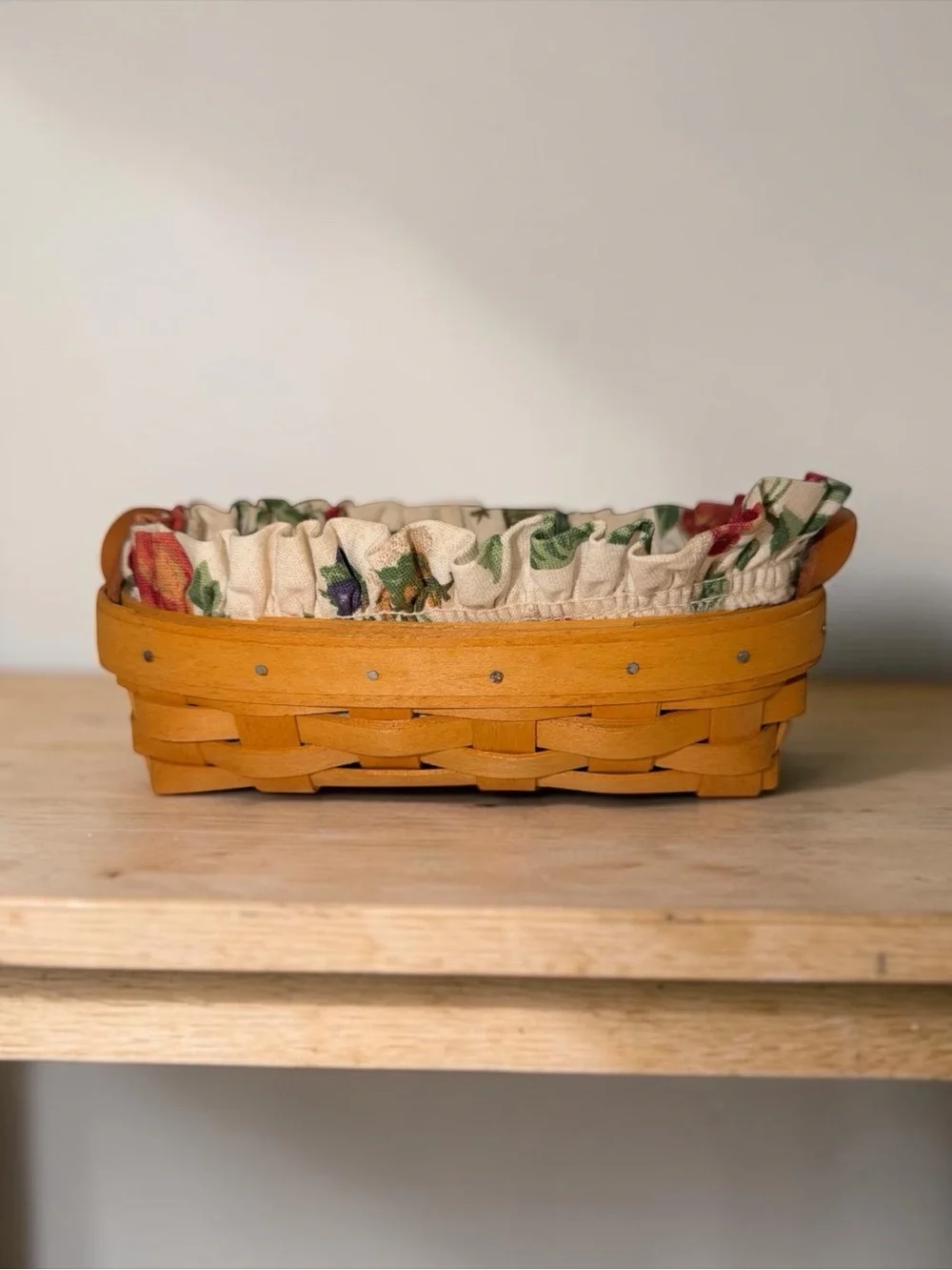 Longaberger Tan Wood Basket with Floral Cream Liner